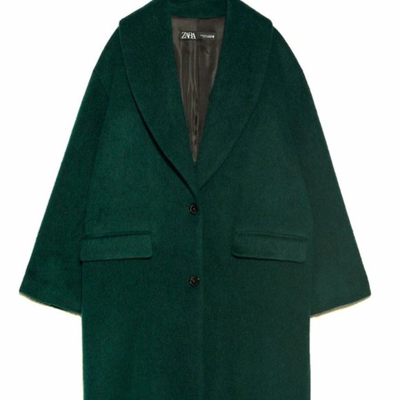 Zara Womens Green Long Coat Jacket Shawl Collar M - Picture 6 of 14